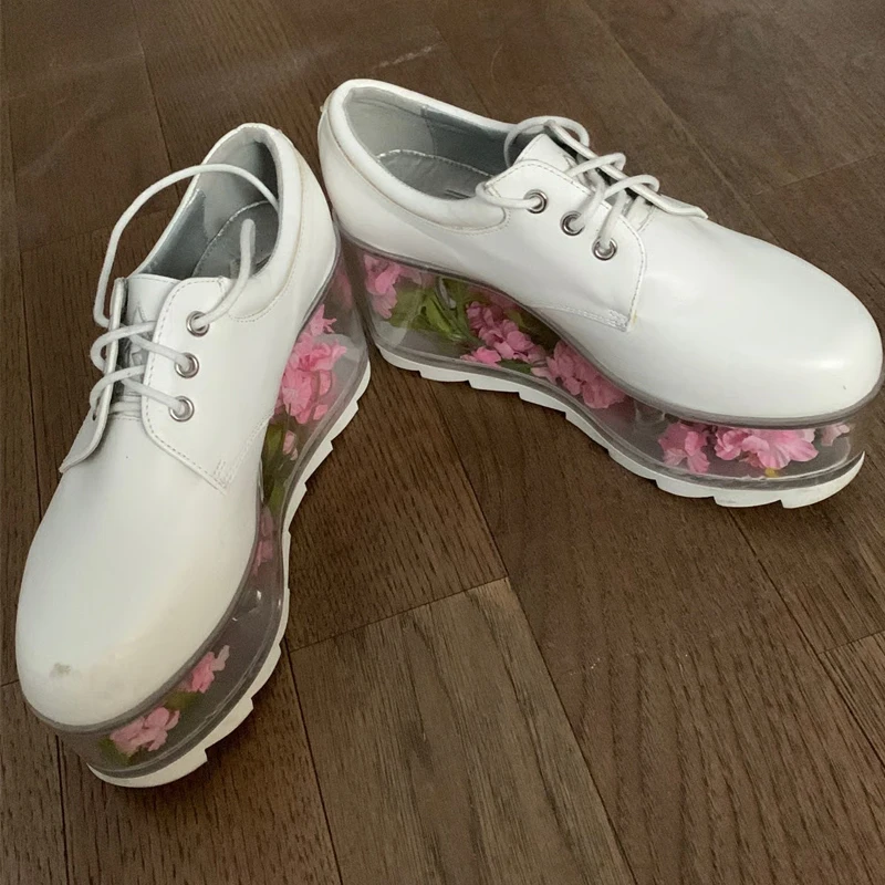 Whitetransparent Sole Can Hold Decorations Lace-Up Shoes Black Platform Mary Jane Shoes Plus Size Women's Shoes Fashion Novelty