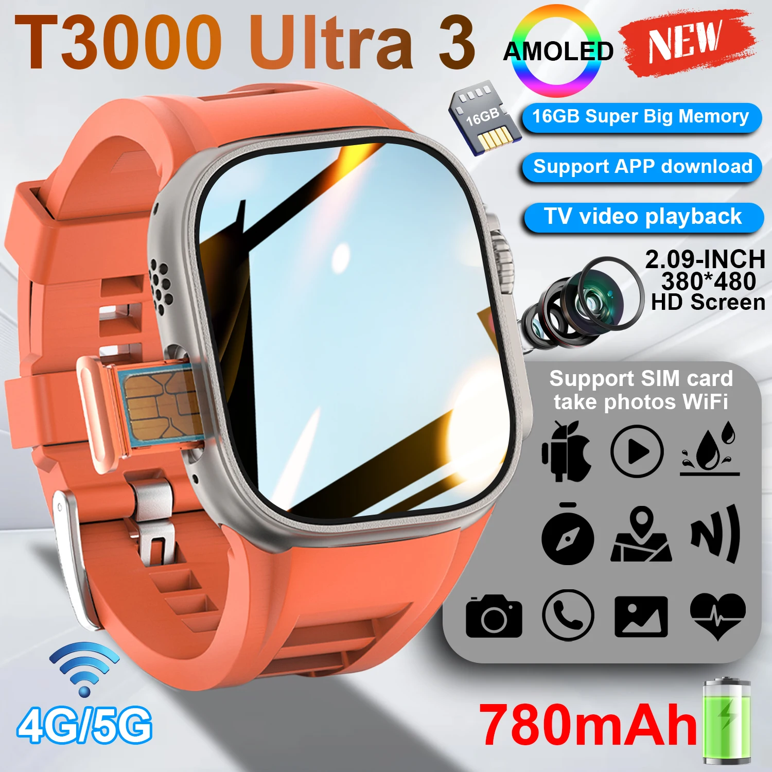 16G Memory Smart Watch GPS 4G+5G SIM Card and Camera Video Call Whatsapp AMOLED Screen Supports TWS Headset To Connect NFC.