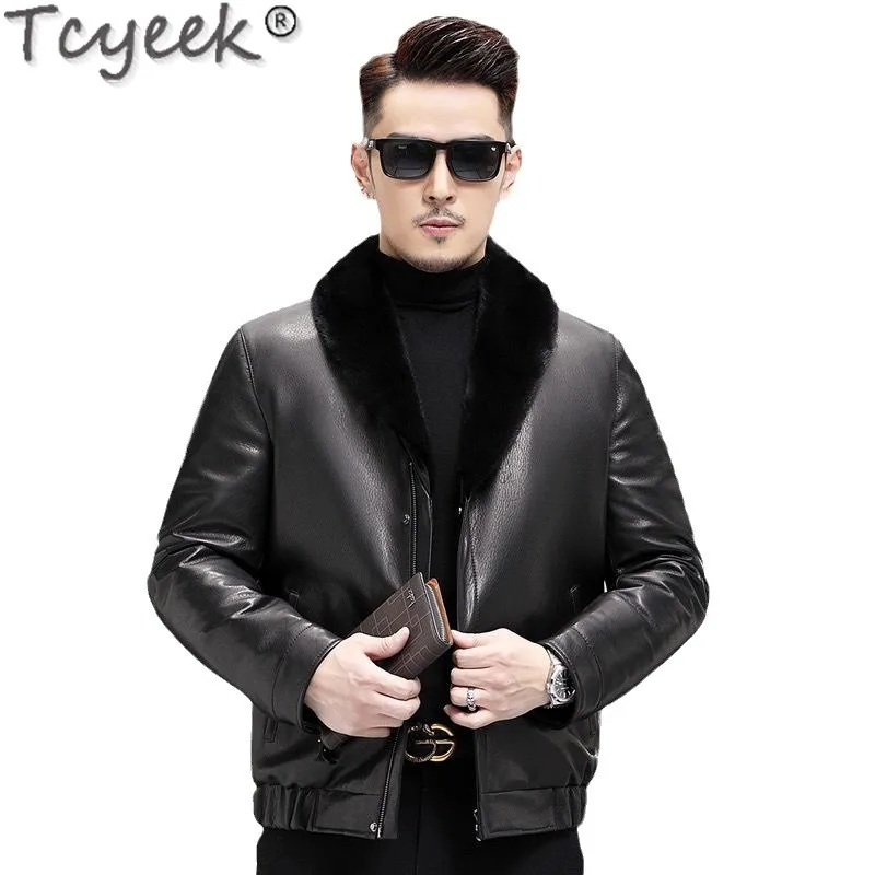 Tcyeek Genuine Leather Man Jackets Winter White Duck Down Jacket Real Goatskin Mens Coats Warm Mink Fur Collar Куртка Мужская