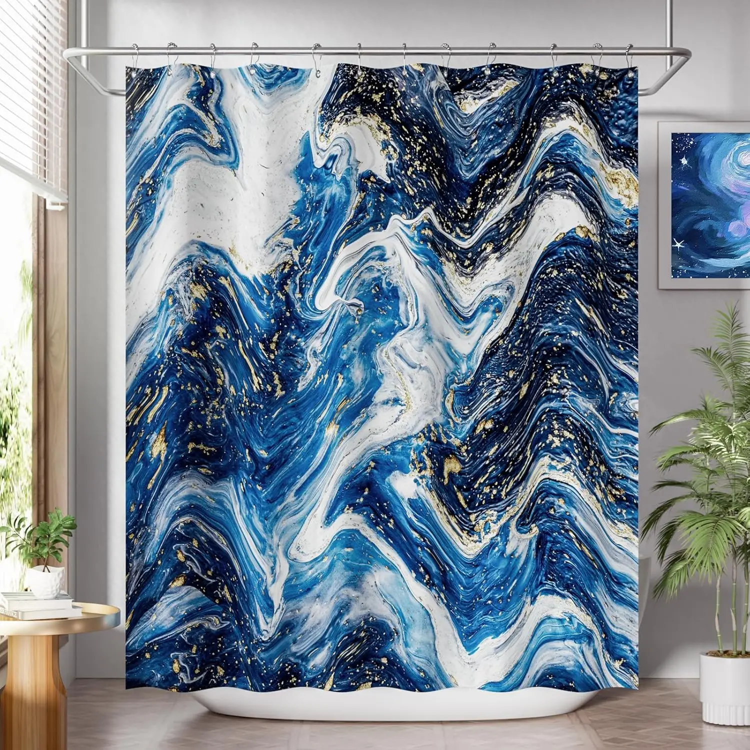 

Waterproof Blue Gold Marble Abstract Shower Curtain Luxury Modern Bathroom Decor Coastal Ocean Swirl Curtain Liner