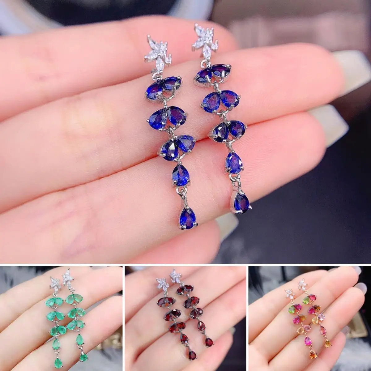 

Natural Emerald/Sapphire/Garnet/Tourmaline S925 Sterling Silver Long Earrings Fine Fashion Weddings Jewelry For Women MeiBaPJ FS