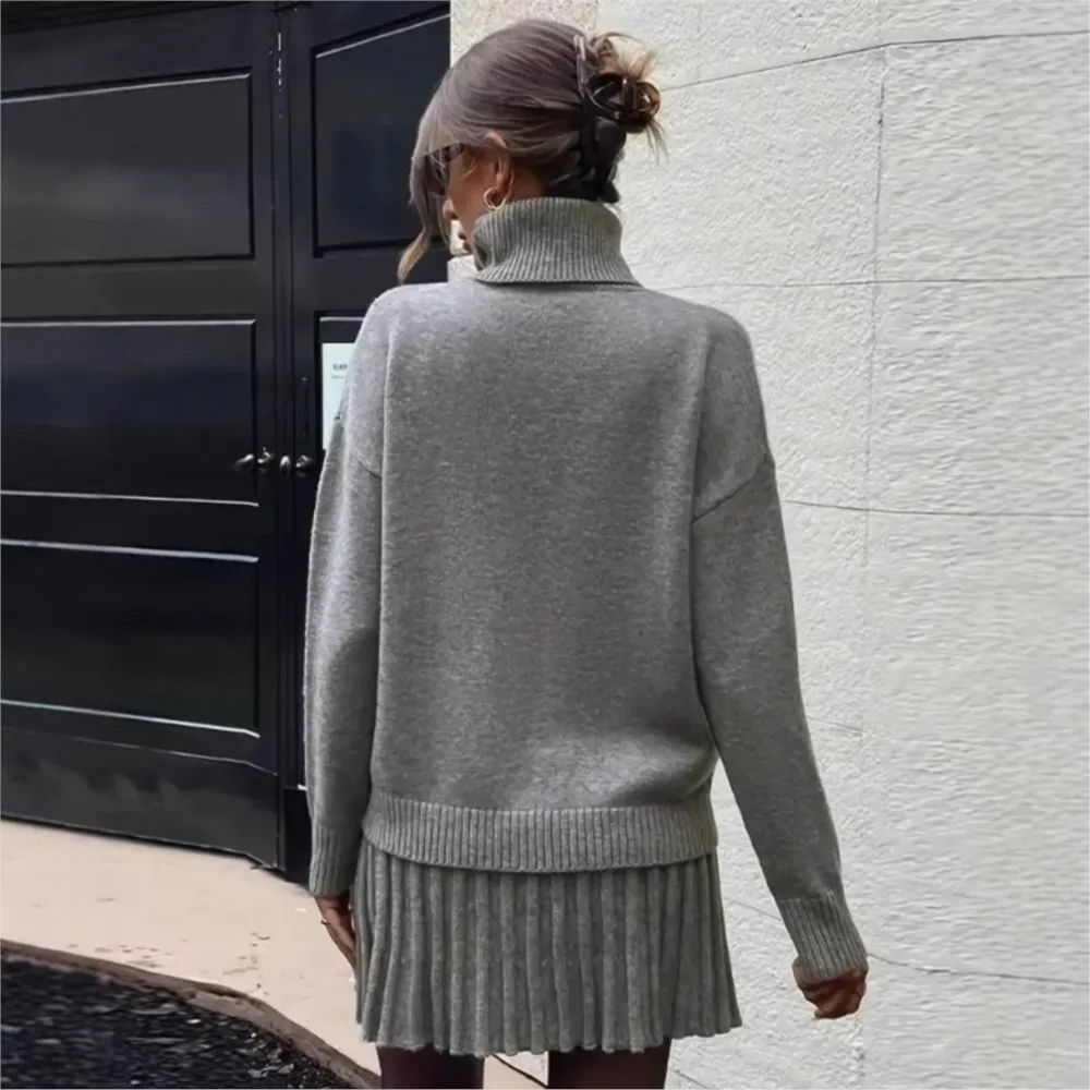 Women's Casual Fashion Suit High Neck Knitted Long Sleeve Short Skirt Two-piece Set For Women Winter Clothes Woman Pulls Femmes - Image 3