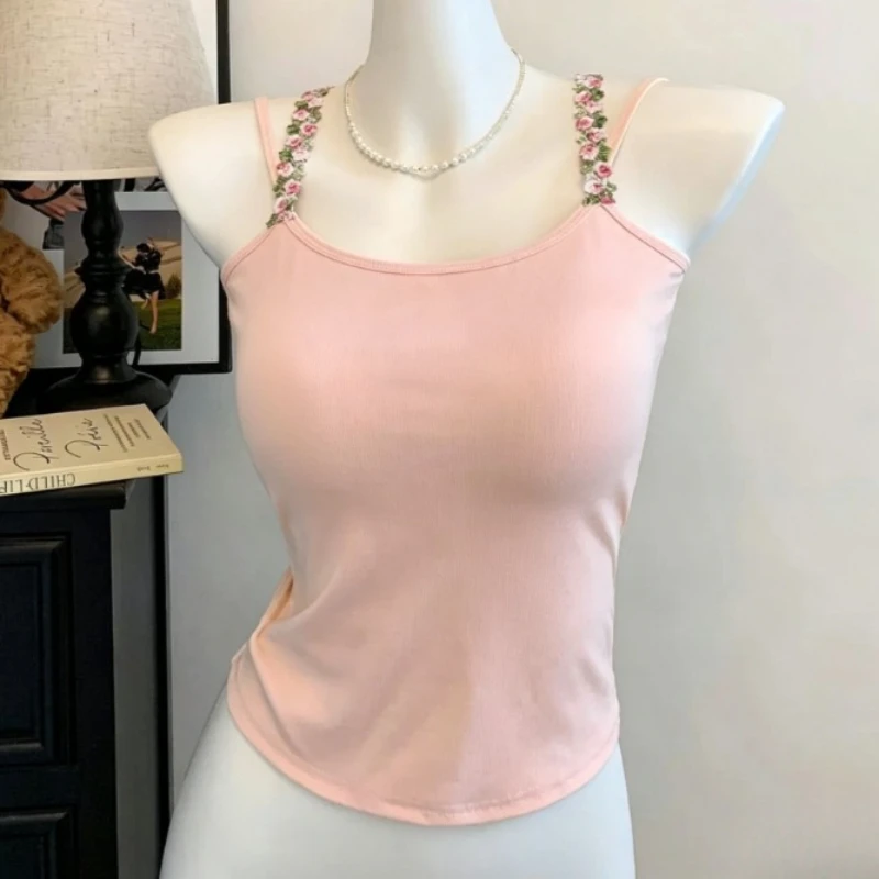 Sweet Sexy Korean Coquette Built in Bra Pads Cami Tops Flower Strap Women Tank Tops 2000s Aesthetic Daily Streetwear Inner Outer