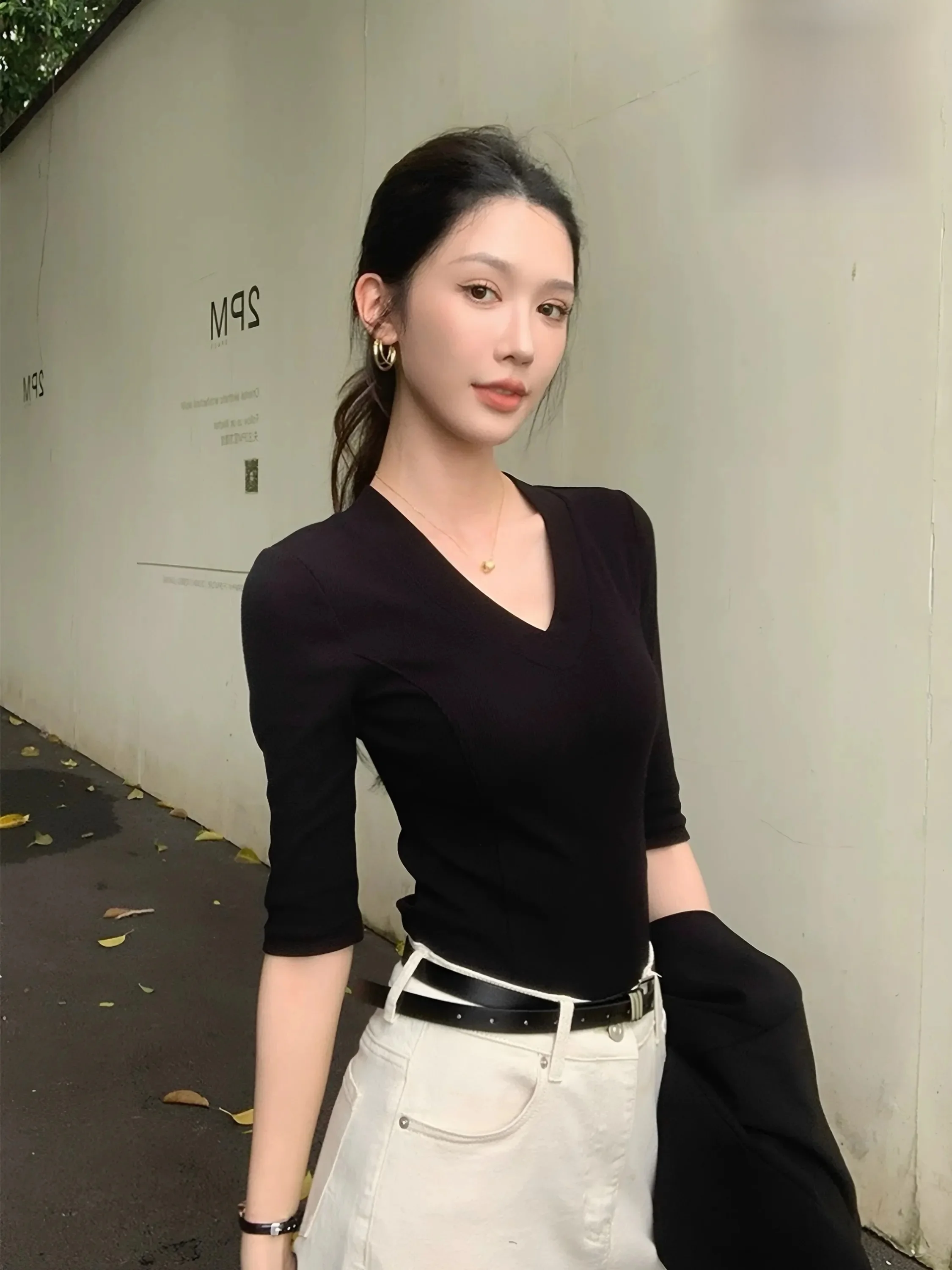 Slim Fit Cotton V-Neck T-Shirt Women's Mid-Sleeve Basic Shirt Large Size Summer New Style Casual Comfortable Breathable Top