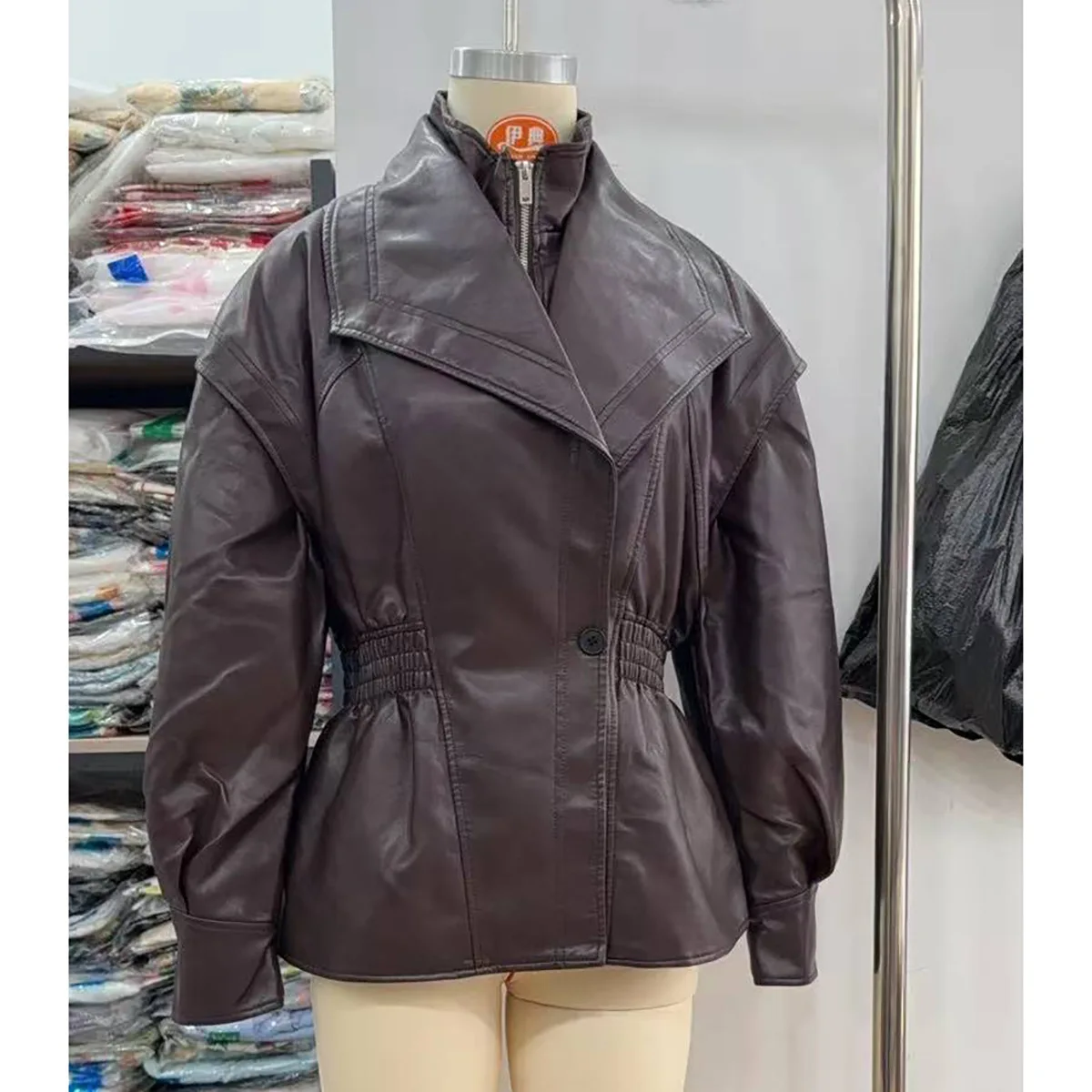 Women's Double Collar Leather Jacket Edgy Slim Fit Belted Waist Design Stylish Cropped Outerwear
