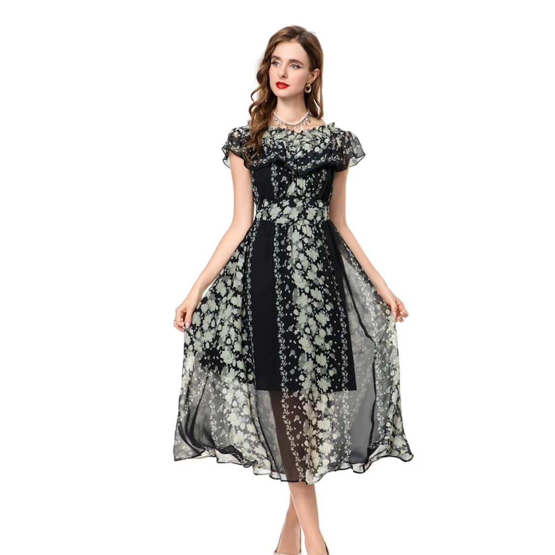 فساتين نسائية مائل العنق وأكمام قصيرة مطبوعة الأزهار شارع العليا مصمم منتصف فيستدوس #4