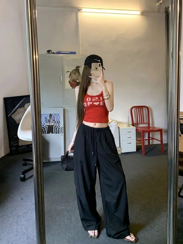 

Spicy Girl Summer Outfit Two-Piece Set Women's Sleeveless Short Red Strap Drawstring Low Waist Wide Leg Pants Spicy Set