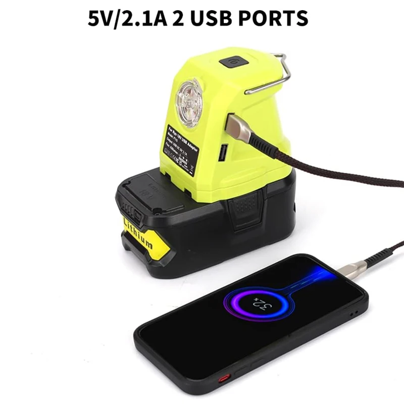 Podwójny Adapter USB do baterii Ryobi 18V P108 P109 przenośne źródło zasilania z światło robocze latarką LED 420lm do biwakowania na zewnątrz