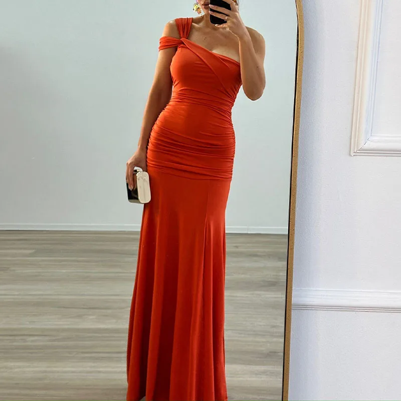 Robe de Cocktail plissée taille haute, élégante, irrégulière, Slim, fendue, longue, Simple, couleur unie, dos nu, pour femmes, 2025