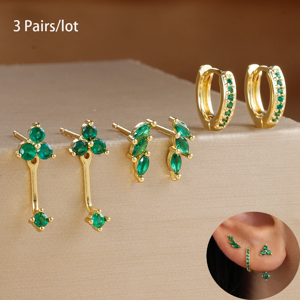 6PCS Exquisite Green Zircon Hoop Earrings Set for Women Gold Plated Stainless Steel Cartilage Piercing Earring Statement Jewelry