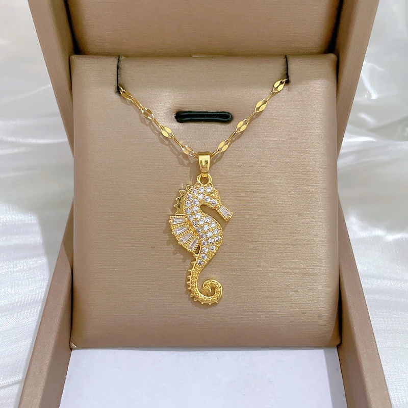 Exquisite Fashion Gold Color Stainless Steel Full Crystal Seahorse Pendant Necklaces for Women Luxury Collar Jewelry Colorfast