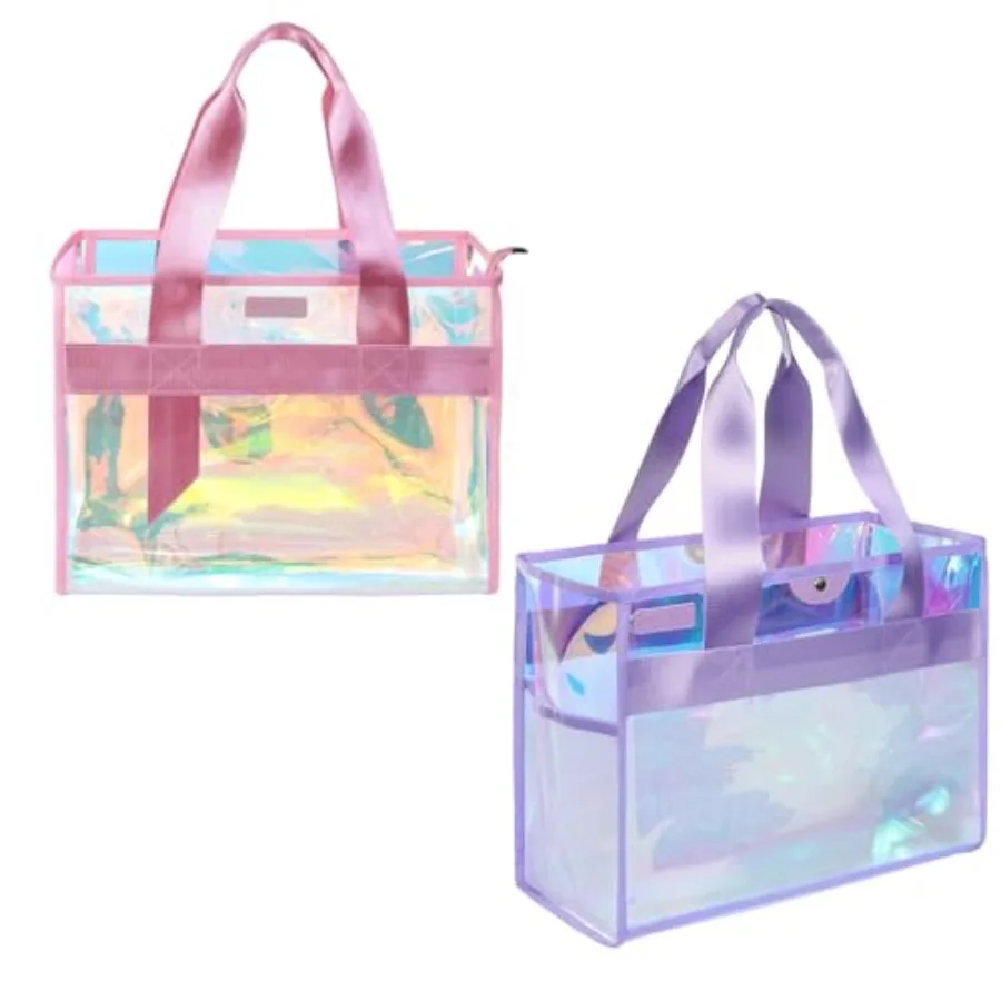 2-Piece 26L Iridescent Beach Bags for WomenPurple Beach Tote Bag and Pink Clear Tote Bag Large Waterproof Beach Bags for Family