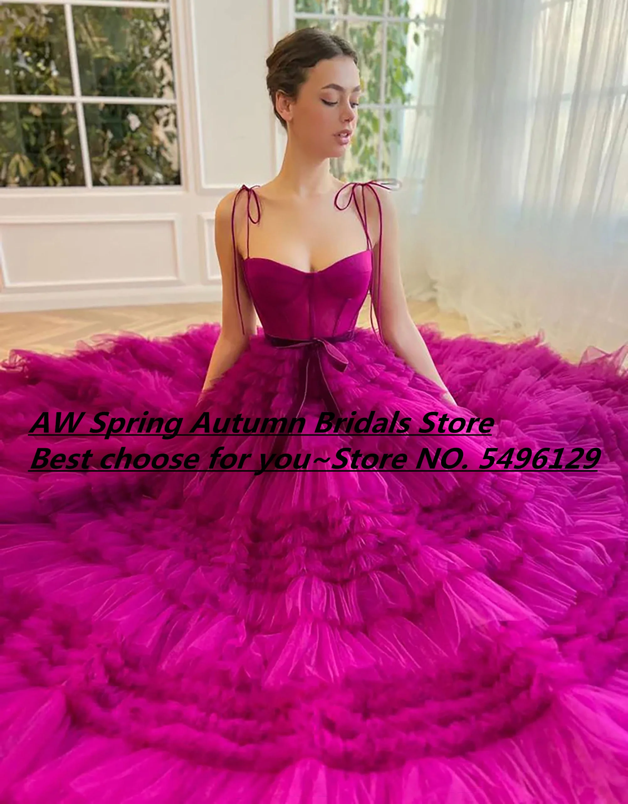 Sexy Fuchsia Prom Dresses Straps Sweetheart Floor Length Ruffled Skirt Tulle Prom Evening Gown Popular Birthday Party Dress