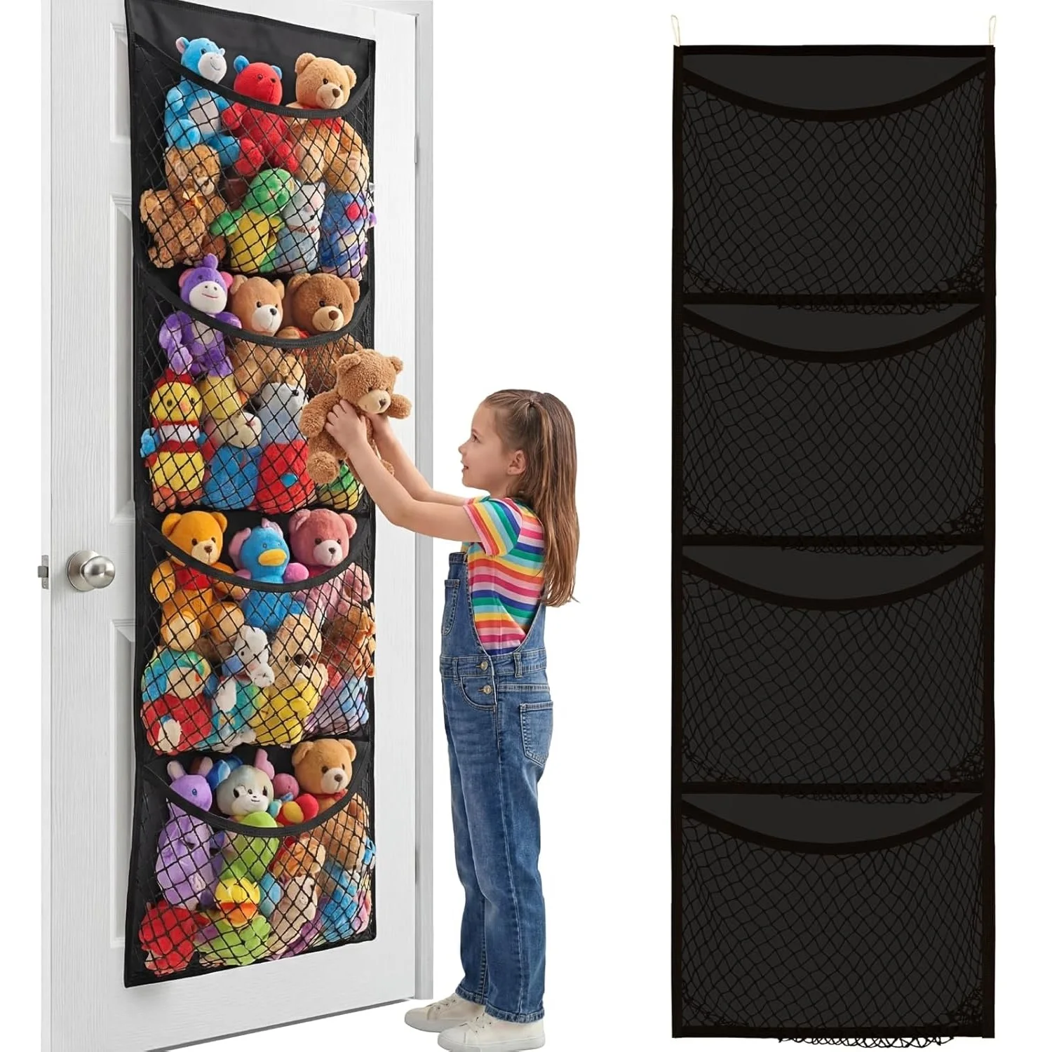 

Over Door Organizer for Stuffed Animal, Baby Accessories, and Toy Multi-layer Storage Bag with 4 Mesh Hammock Bags & Metal Hook