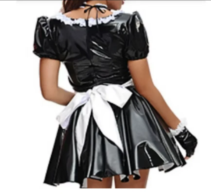 Sexy Adult Customized Gothic Costume Crossdresser Low Neck Neck Ring Lace Splice Independent Apron Elastic Cuff Dress