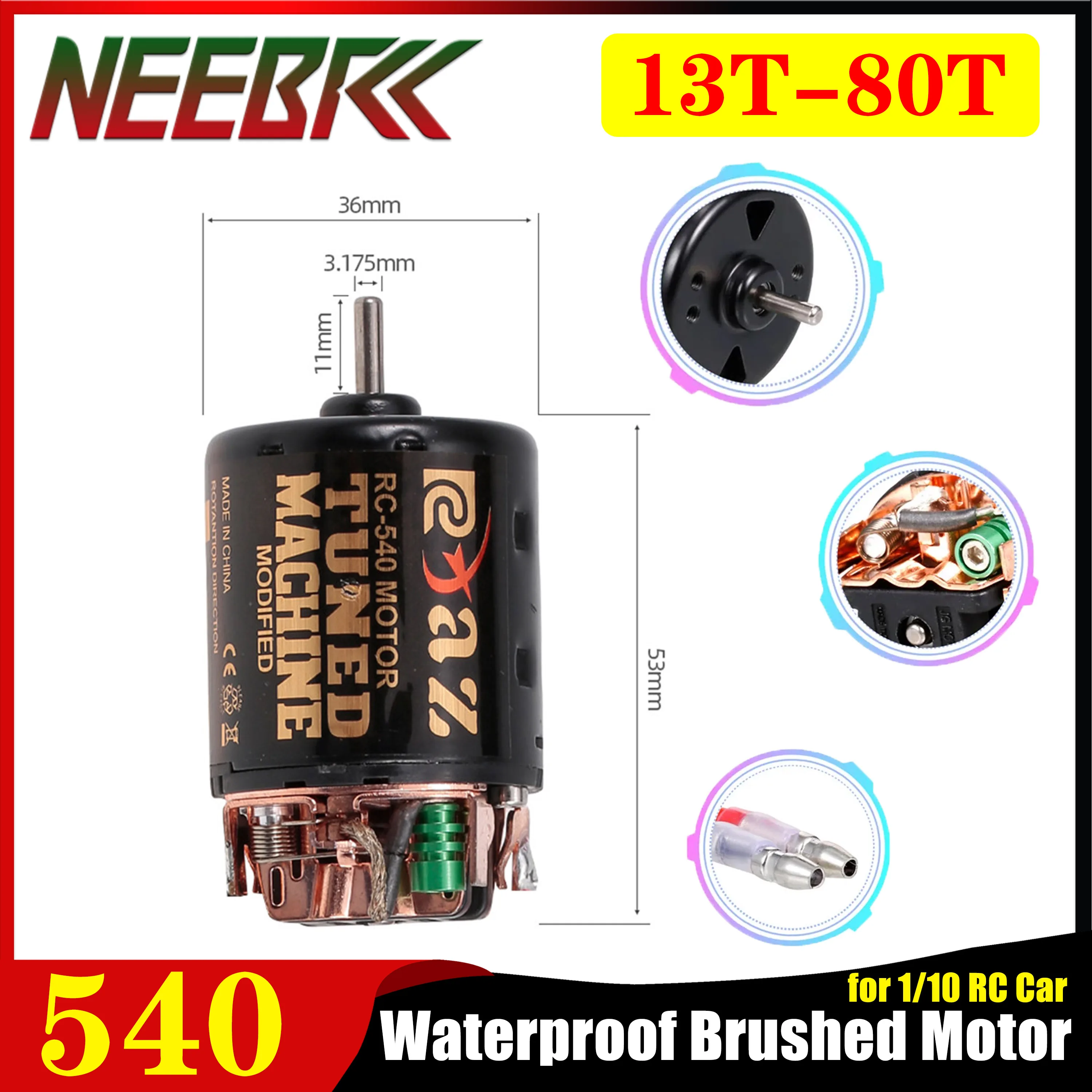 

NEEBRC 540 Waterproof Brushed Motor 13T 21T 35T 45T 55T 80T for 1/10 RC Car Crawler Axial SCX10 90046 Redcat Gen8 TRX4 TRX6 WPL