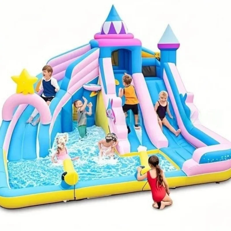 

Children's Indoor/Outdoor Oxford Inflatable Castle with Double-Track Water Play Slide for Home Trampoline Fun