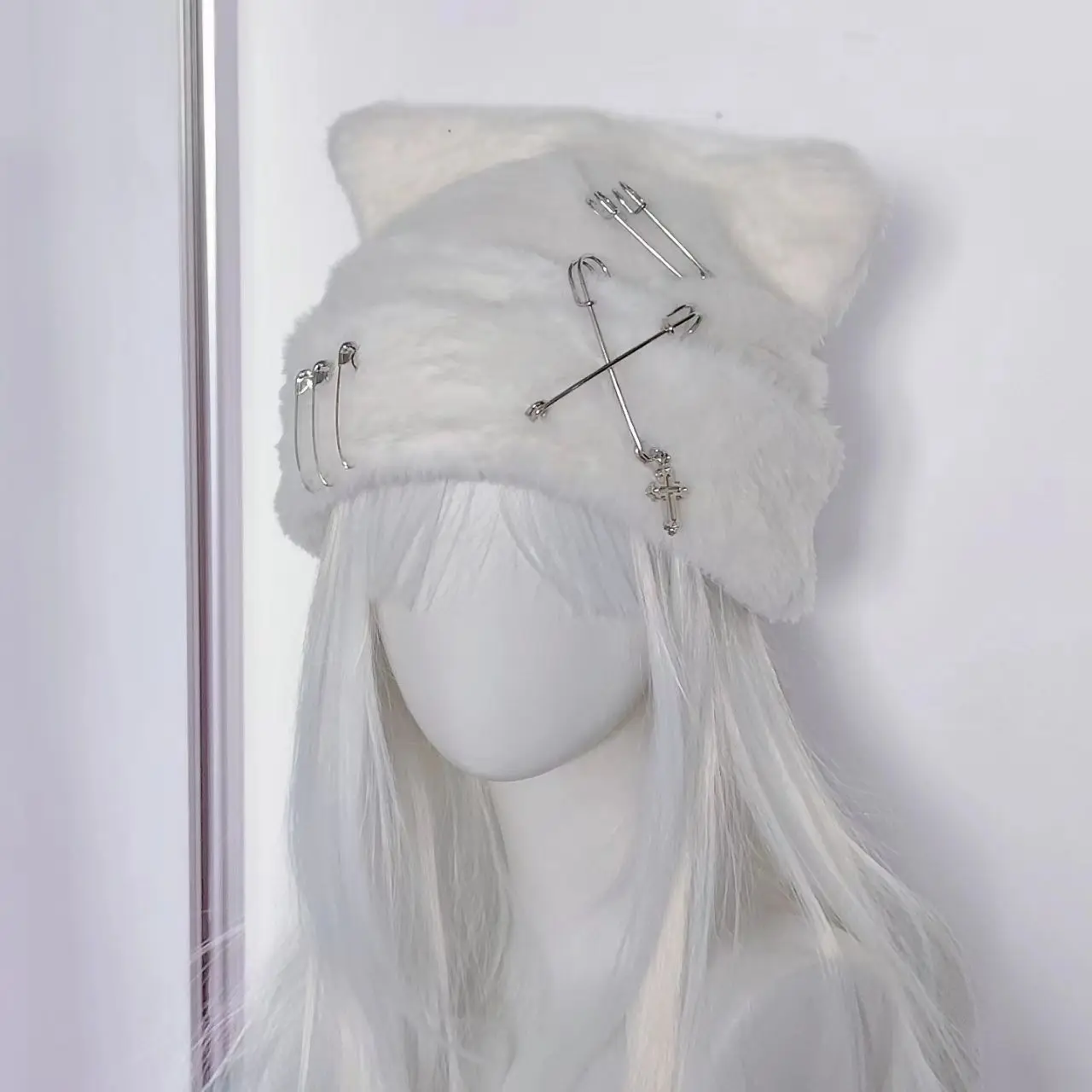 Cat Ears Aesthetic Subcultural Punk Head Cap Vintage Winter Warm Windproof Plush Bonnets for Women Hottie Skullies Bucket Hat