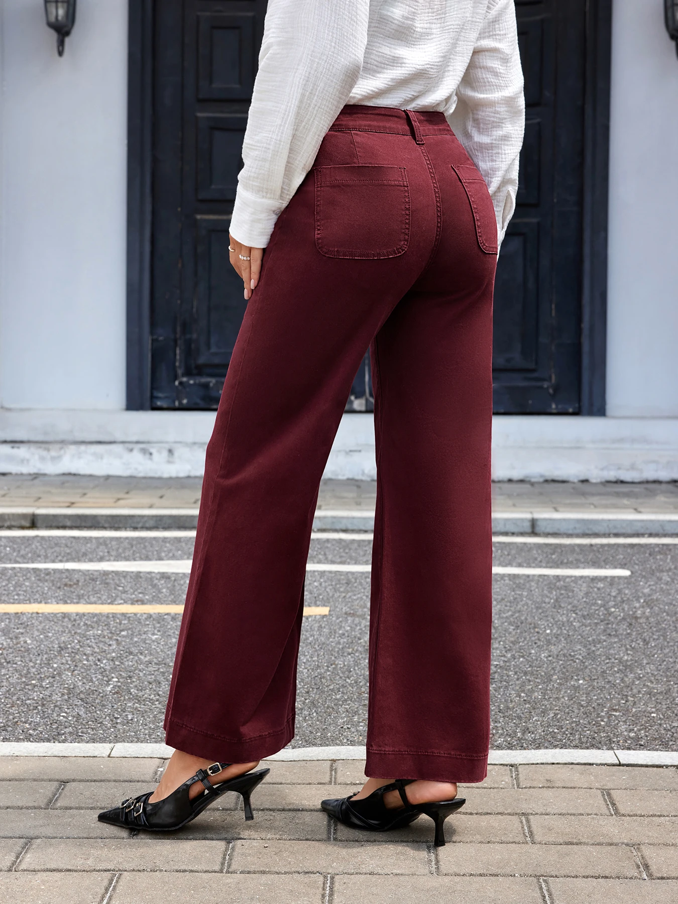 بنطال جينز نسائي مطاطي من القطن باللون الأحمر الخمري، طراز واسع الساق، عصري ومتعدد الاستخدامات وأنيق ومطاط متوسط الارتفاع مستقيم