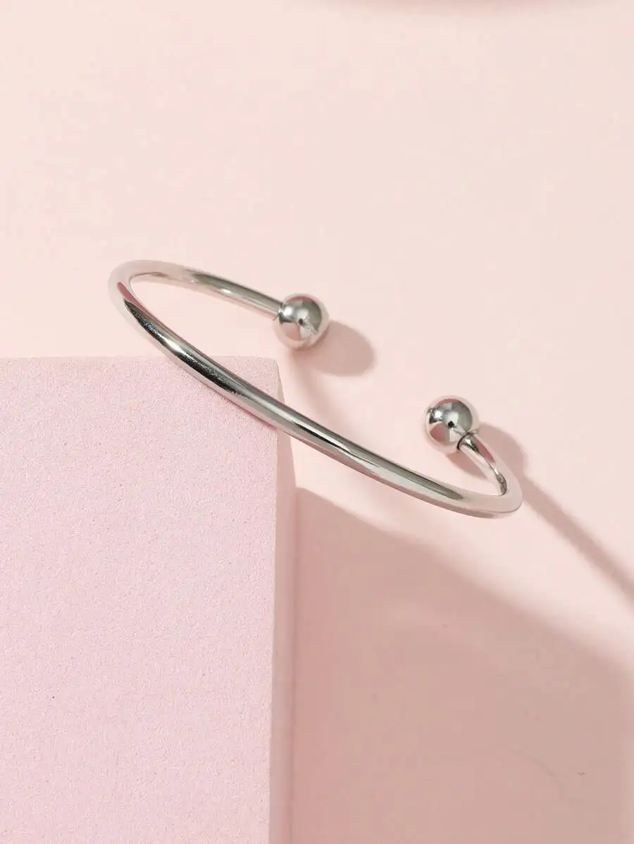 

Polished Stainless Steel Minimalist Open Bangle With Removable Ball Ends, Adjustable For Everyday Wear And Personalized Styling