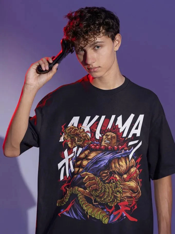تي شيرت Street Fighting Akuma بنمط مطبوع ممتاز للرجال والنساء، بلوزة فضفاضة مريحة من القطن الخالص للصيف