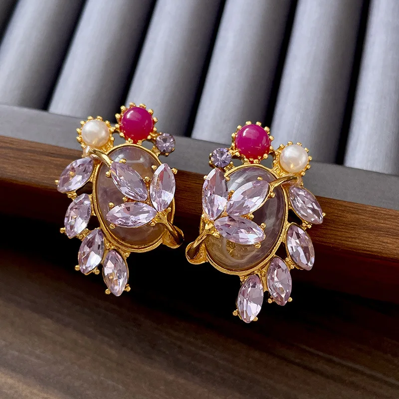 

Vintage Gold Amethyst Pearl Red Coral Oval Ear Stud 18th Century Antique Jewelry Replica Four-Leaf Clover Crystal Purple Earring