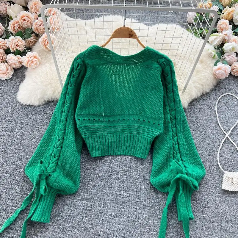 Green Casual Acrylic Knit V-Neck Lantern Long Sleeve Lace Up Women\'s Cardigan Sweater Short Cardigan For Women Clothing 2024