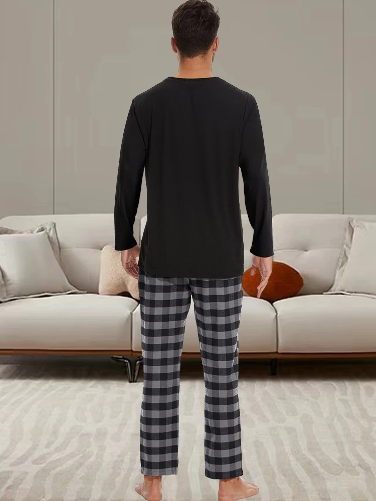 Men\'s Homewear Set Pajamas Long Sleeve Fashion Daily High Quality Solid Colour Pajamas Plaid Pajama Pants Set