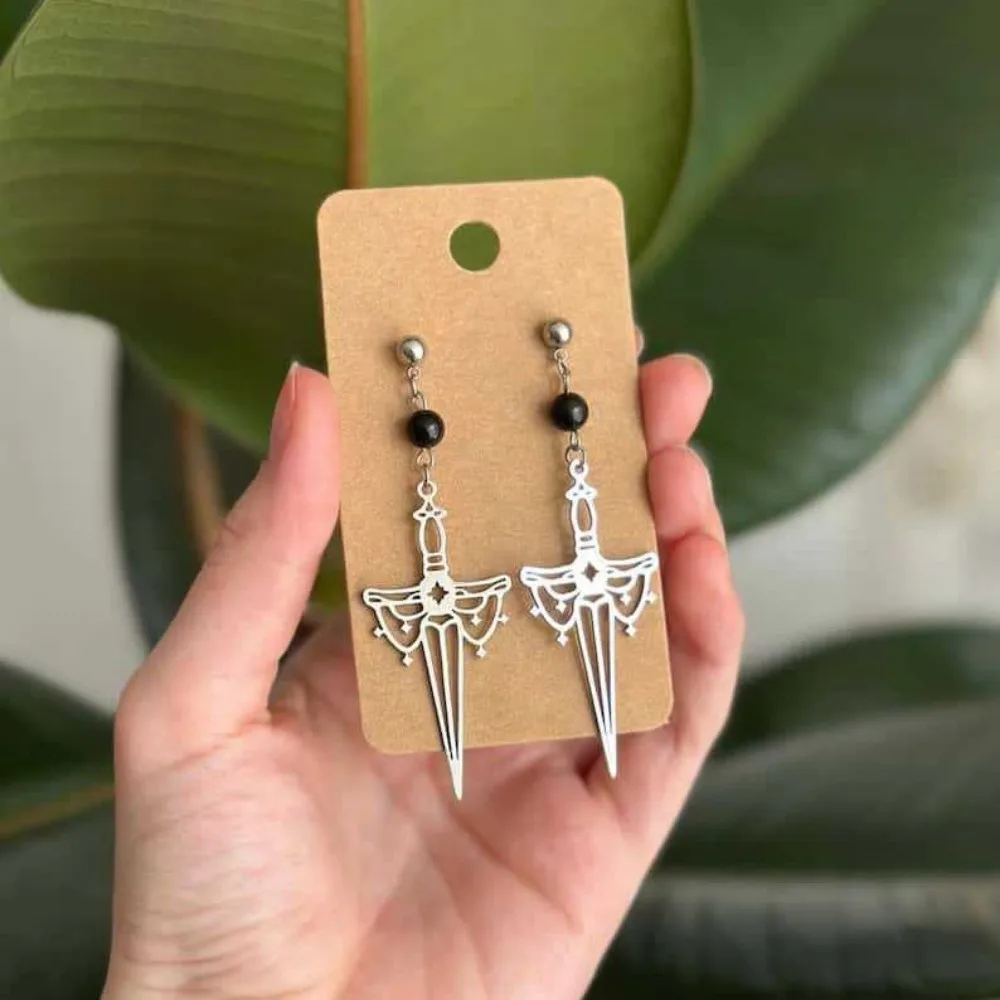 Gothic Retro Hollowed-out Silver Color The Sword of Damocles Dangle Earrings for Women Men Halloween Party Amulet Jewelry Gifts