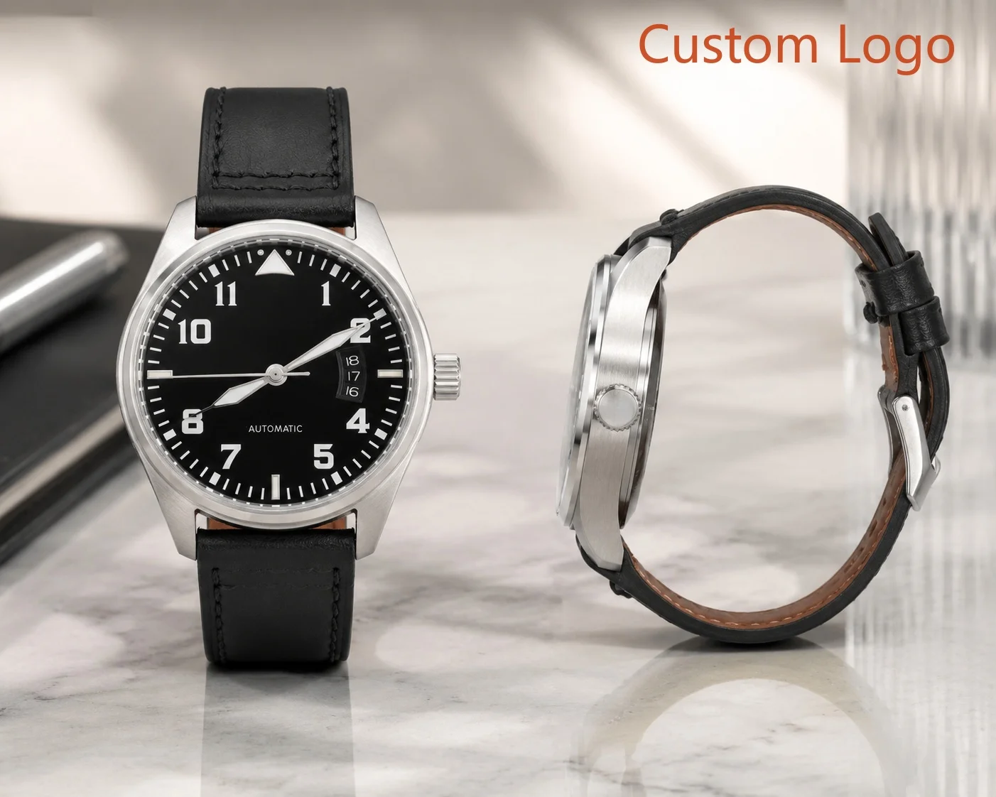 Montre mécanique automatique vintage pour homme, 41 mm, cadran noir, index triangulaires, affichage de la date, aiguilles lumineuses, bracelet en cuir noir cousu, étanche, montres militaires personnalisées pour homme