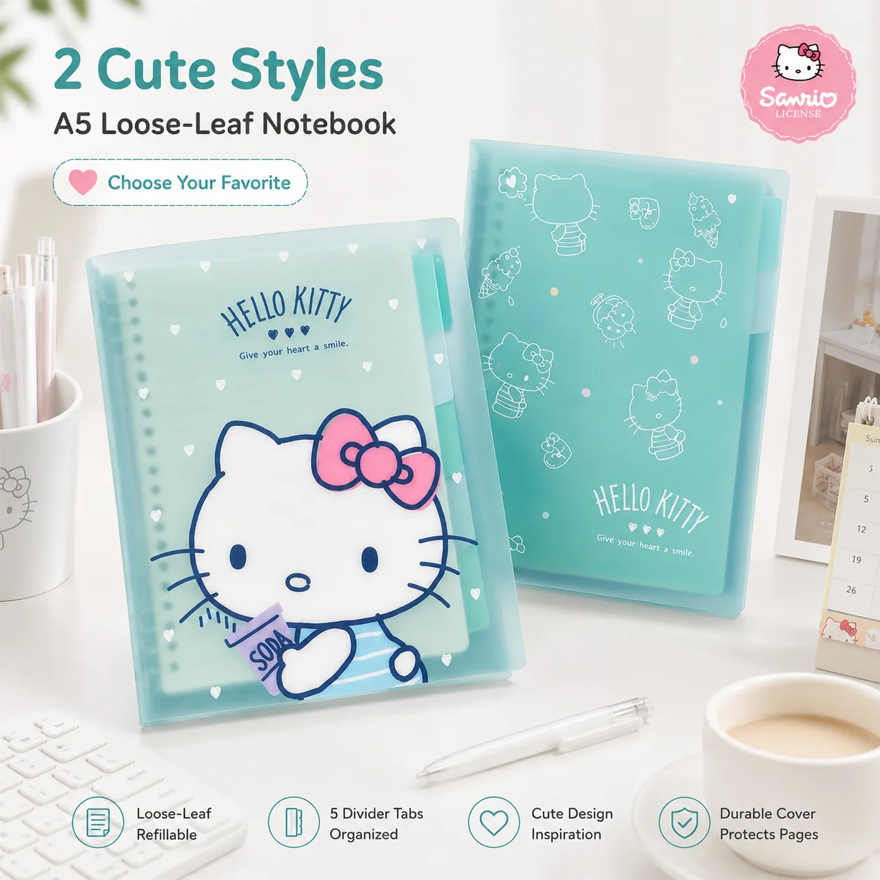 Sanrio Cute HelloKitty A5 Abnehmbares Notizbuch mit losen Blättern, für den Schulanfang, für Schüler, Teenager, Schulschreibwaren-Set, Schreibtisch-Schreibwaren-Geschenk