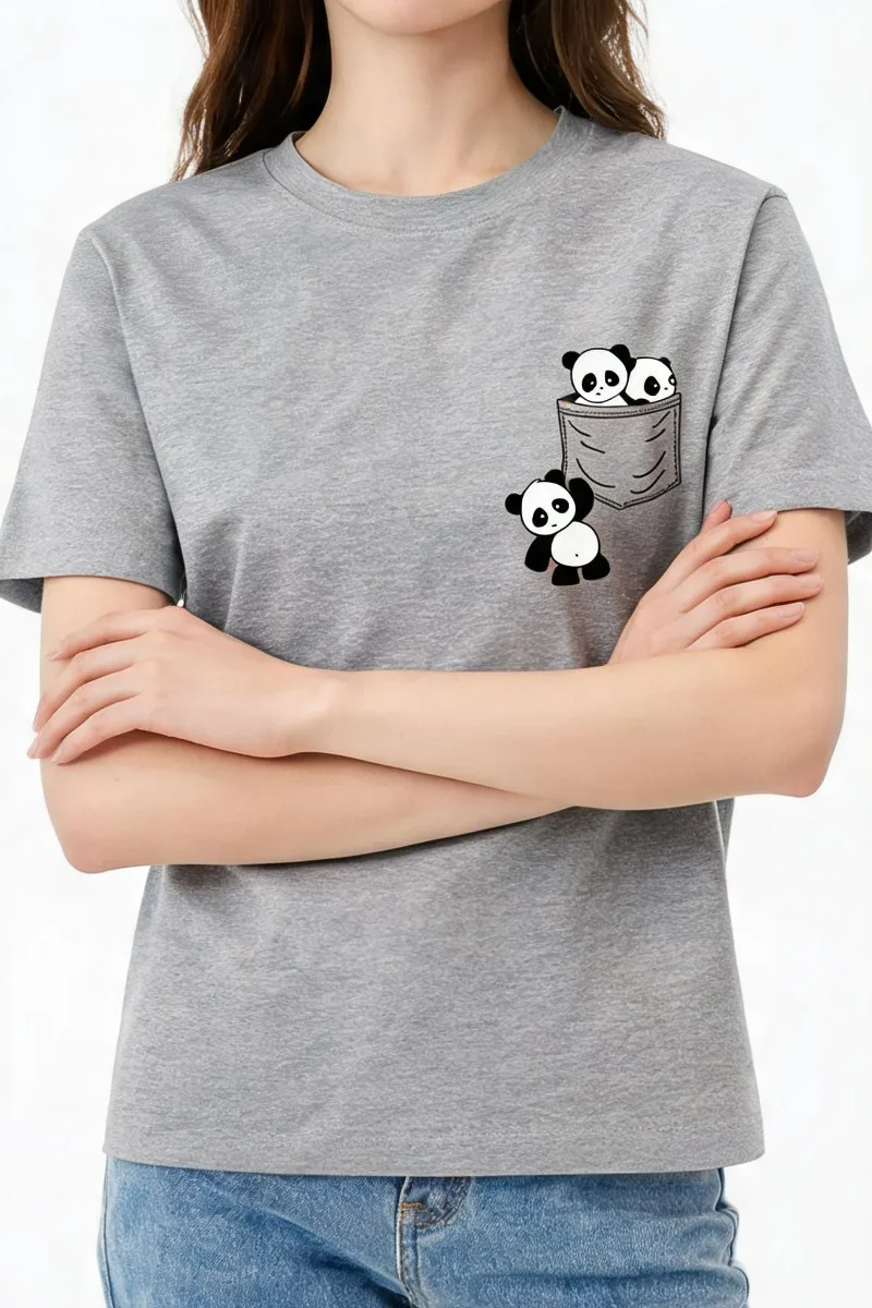 Red Pocket Three Panda Pattern Women 100% Cotton Casual Top O-neck Short Sleeve Sweet Daily Fashion Tops