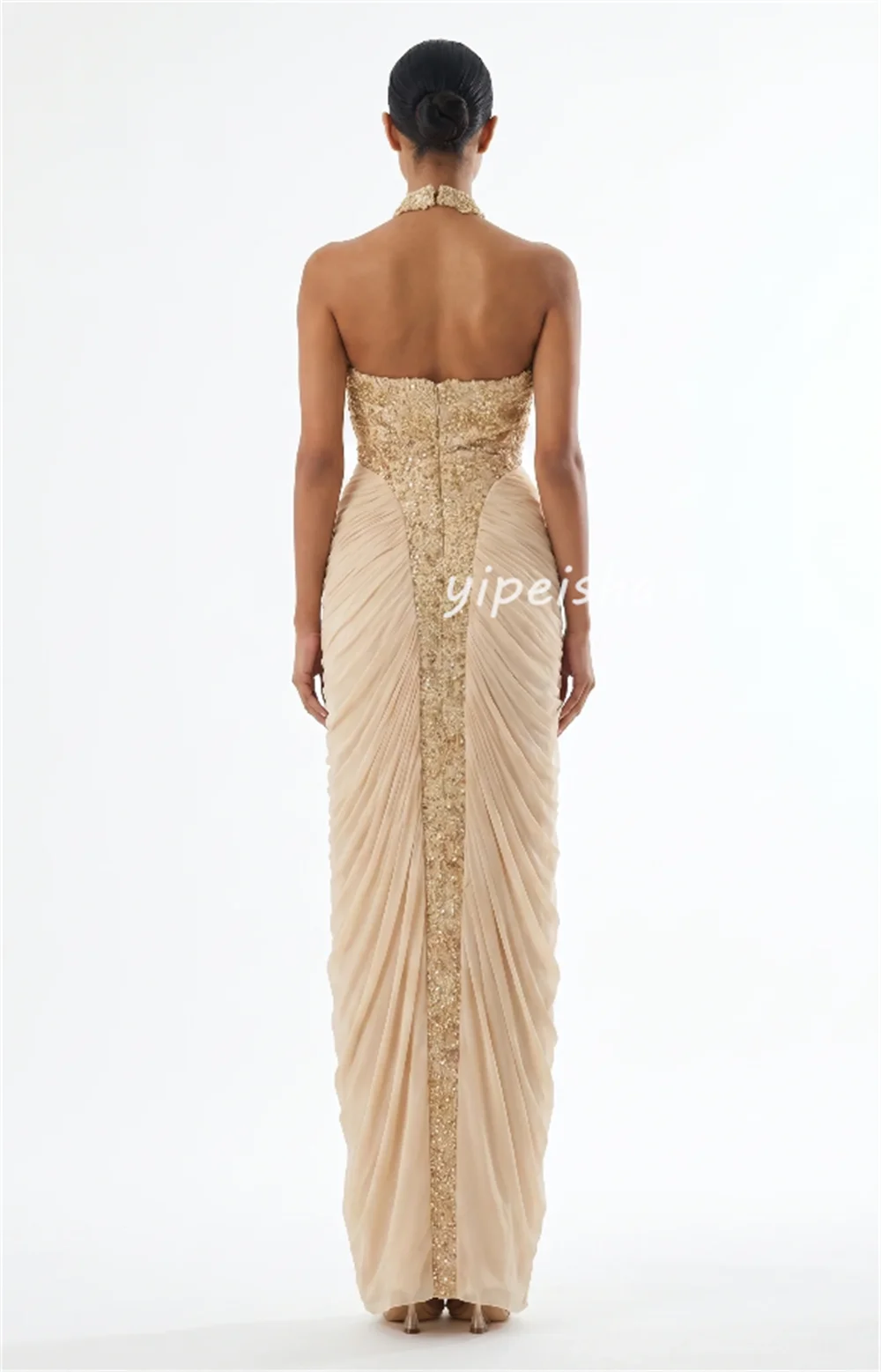 Customized Fashion Women Chiffon Rhinestone Beading Sheath Evening Dresses Elegant Halter Sleeveless Floor Lenght Prom Dresses