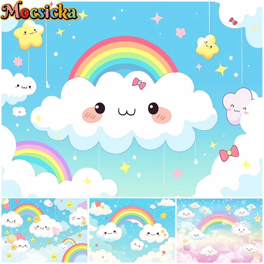 

Mocsicka Cloud Rainbow Background Photography Love Star Blue Sky Baby Shower Birthday Backdrop Party Supplies Decorations Banner