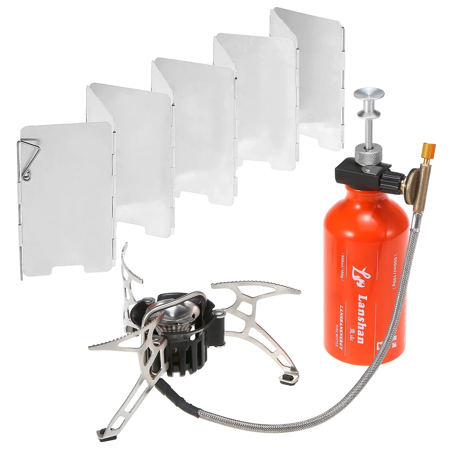 Lixada Outdoor Camping Multi Fuel Oil Stove with 500ml Gasoline Fuel Bottle and 9-Plate Camp Stove Windscreen Windshield