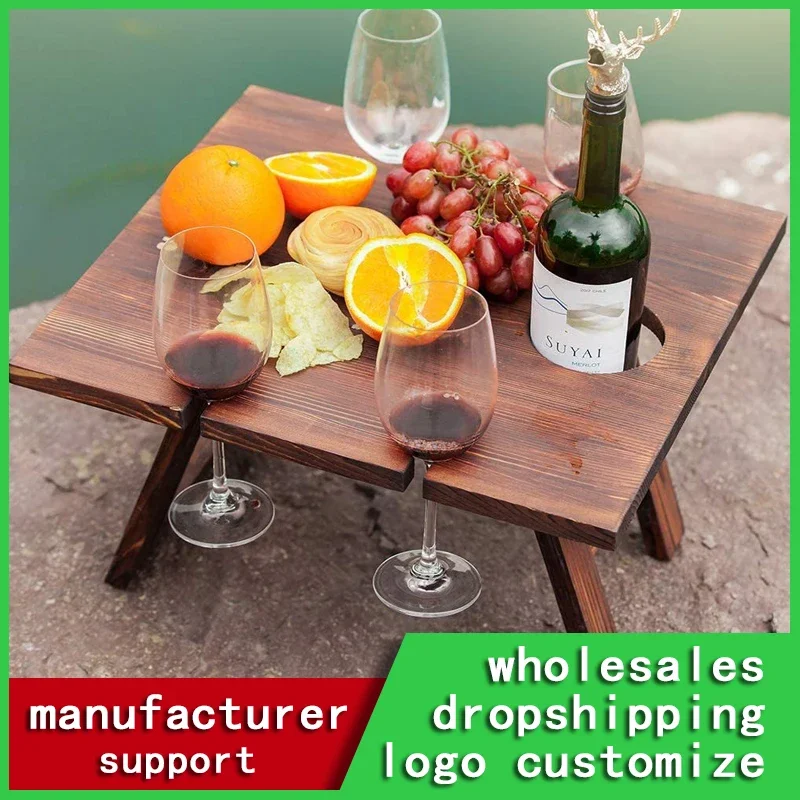 

Portable Wooden Table for Picnic, Camping Table, Barbecue Folding Tables with Glass Wine Rack, Travel Foldable Tables, Mesa Pleg