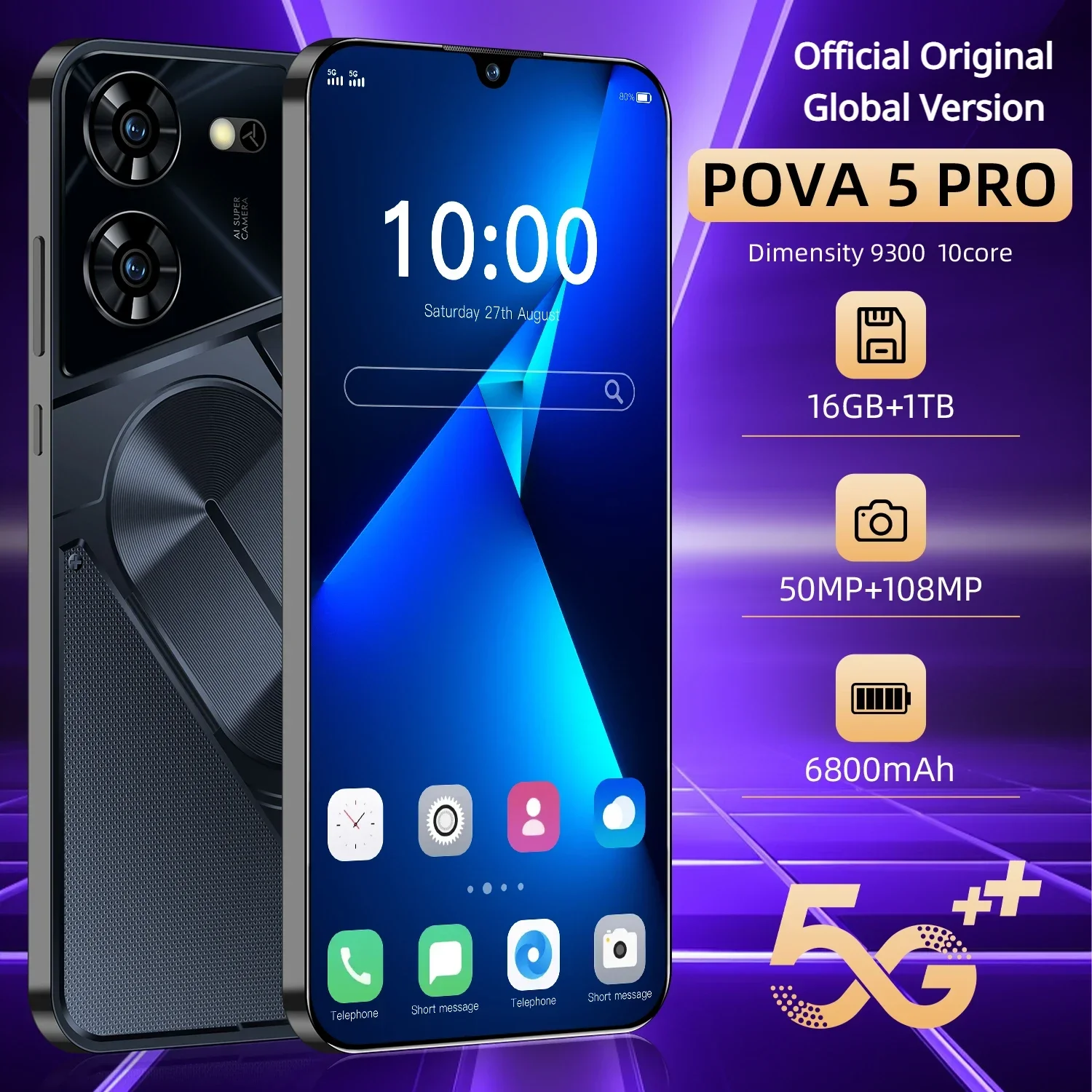 

Original Pova 5 Pro Flagship Global Edition AI Smartphone 5G+ Dimensity 9200 6.8-inch LPDDR5X 22G+2TB 50+108MP Android 14 NFC