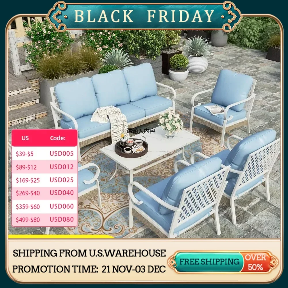 Patio furniture set, coffee table with marble, 7-seater all-weather outdoor conversation set, lawn garden backyard, blue