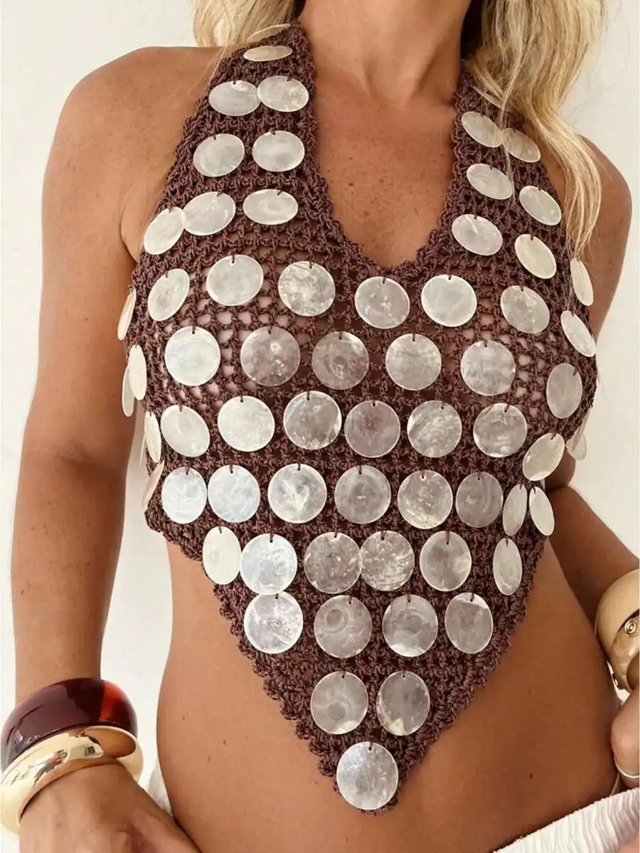 

Women Knit Halter Crop Top With Shell Discs Deep V Neck Sleeveless Summer