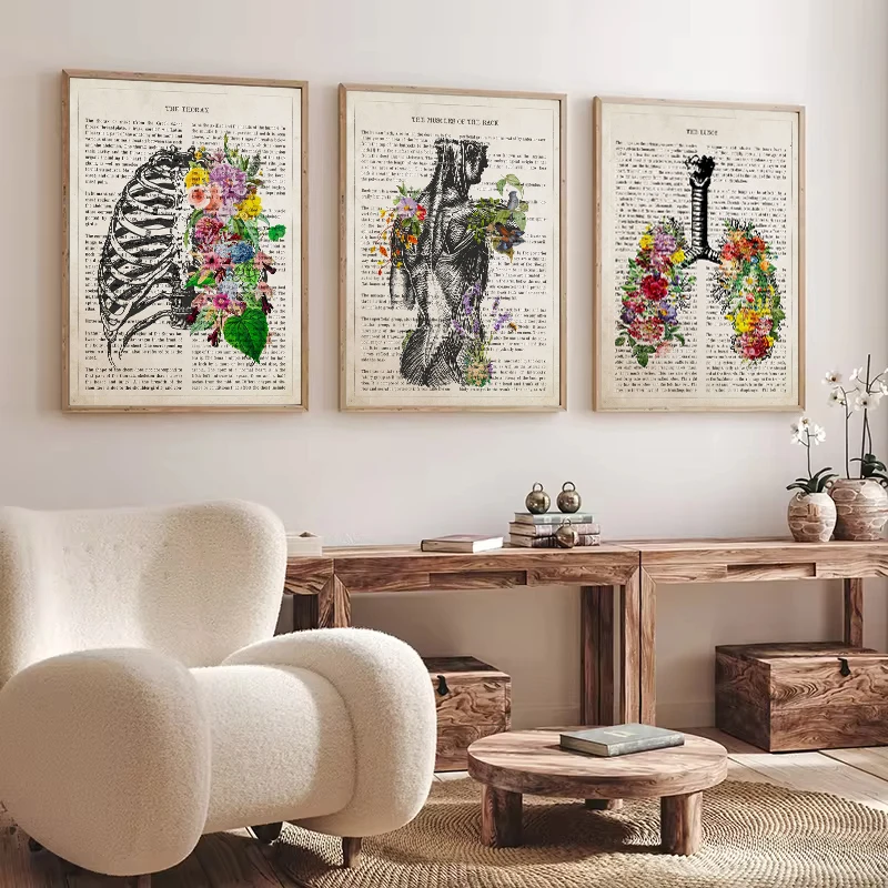 Vintage Human Anatomy Flowers Art Poster Print Canvas Painting Medical Heart Skin Anatomy Wall Picture for Hospital Clinic Decor