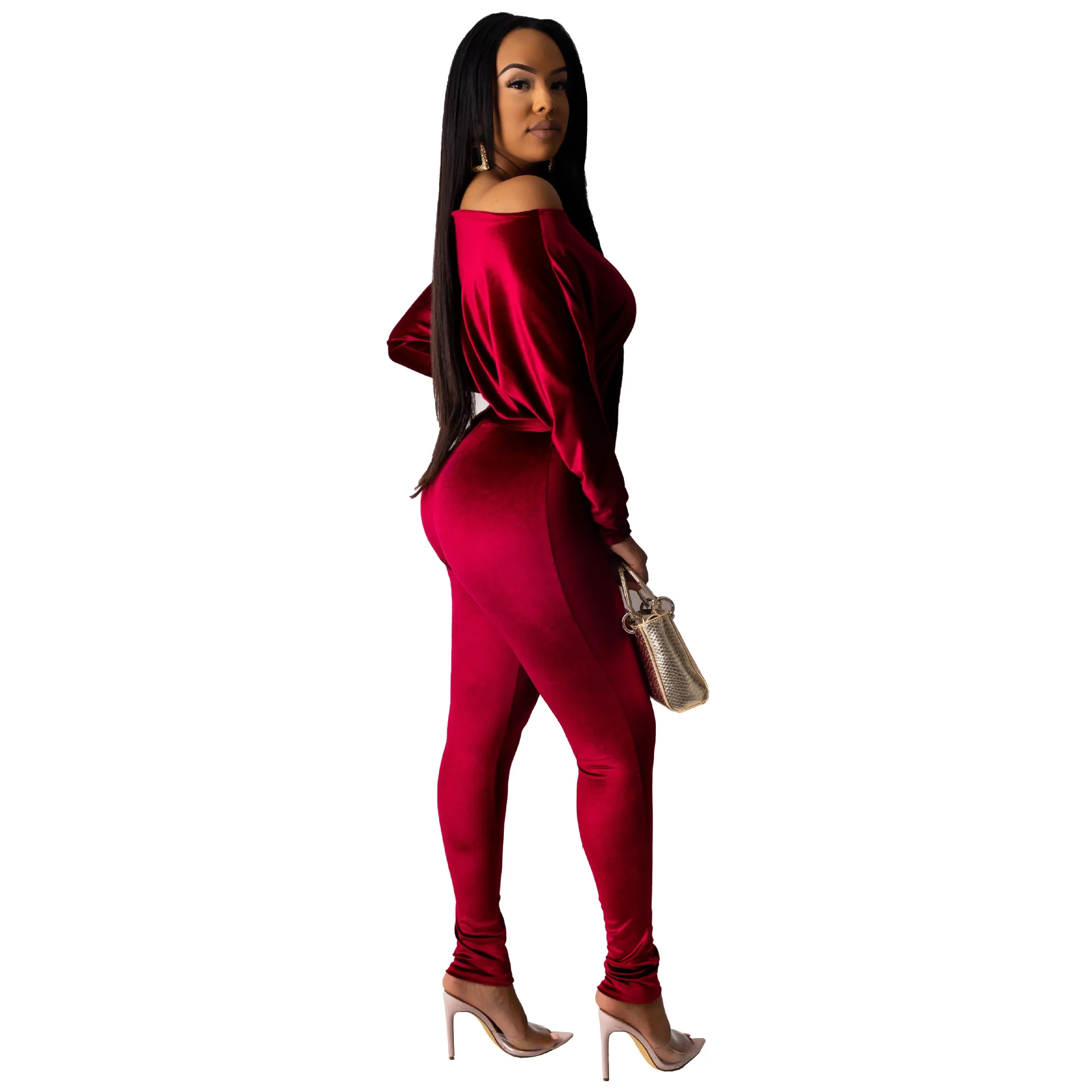 Women Velvet Night Club Party Bodycon Jumpsuit Sexy One Off Shoulder Long Sleeve High Waist One Piece Rompers With Belt