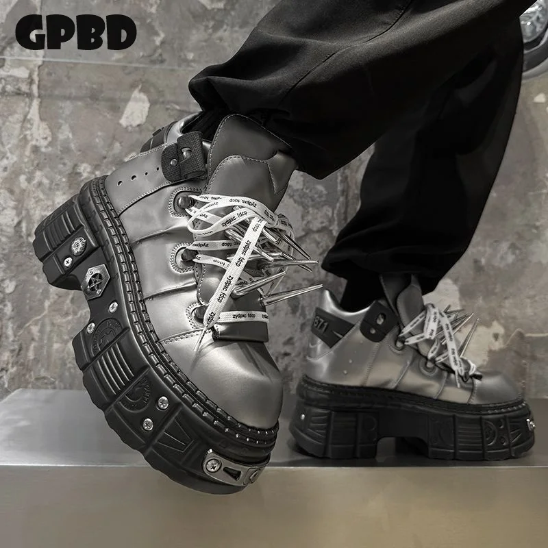 

GPBD High-top Punk American Style Heightening Wide-top Boots for Men Fall 2025 Trendy Fashion Mid-calf Thick-soled Short Boots.