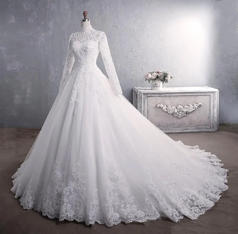 Lange Mouwen Trouwjurken Luxe High-Hals Klassieke Rits Terug Baljurk Plus Size Vestido De Noiva Plus Size