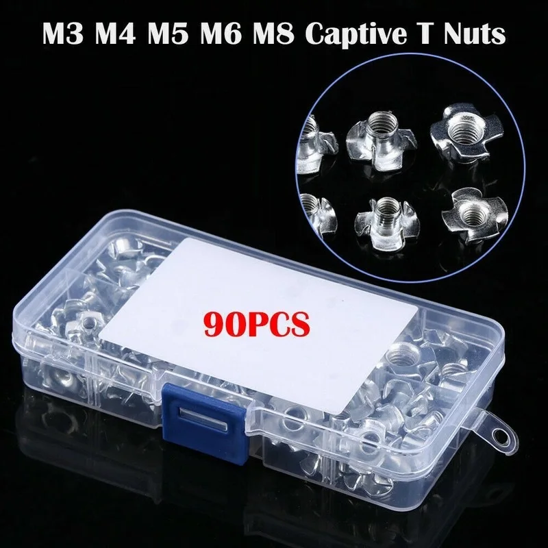 90pcs M3 M4 M5 M6 M8 Zinc Plated Four Claws Nut Speaker T-nut Blind Pronged Insert Tee Nut Inserts Furniture Hardware