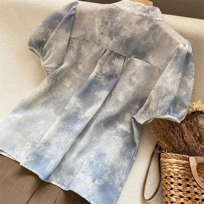 New Women Vintage Stylish Hollow Ruffled Blouses Chinese Style Ink Print Chic Short Sleeve Shirts Summer Stand Collar Loose Tops