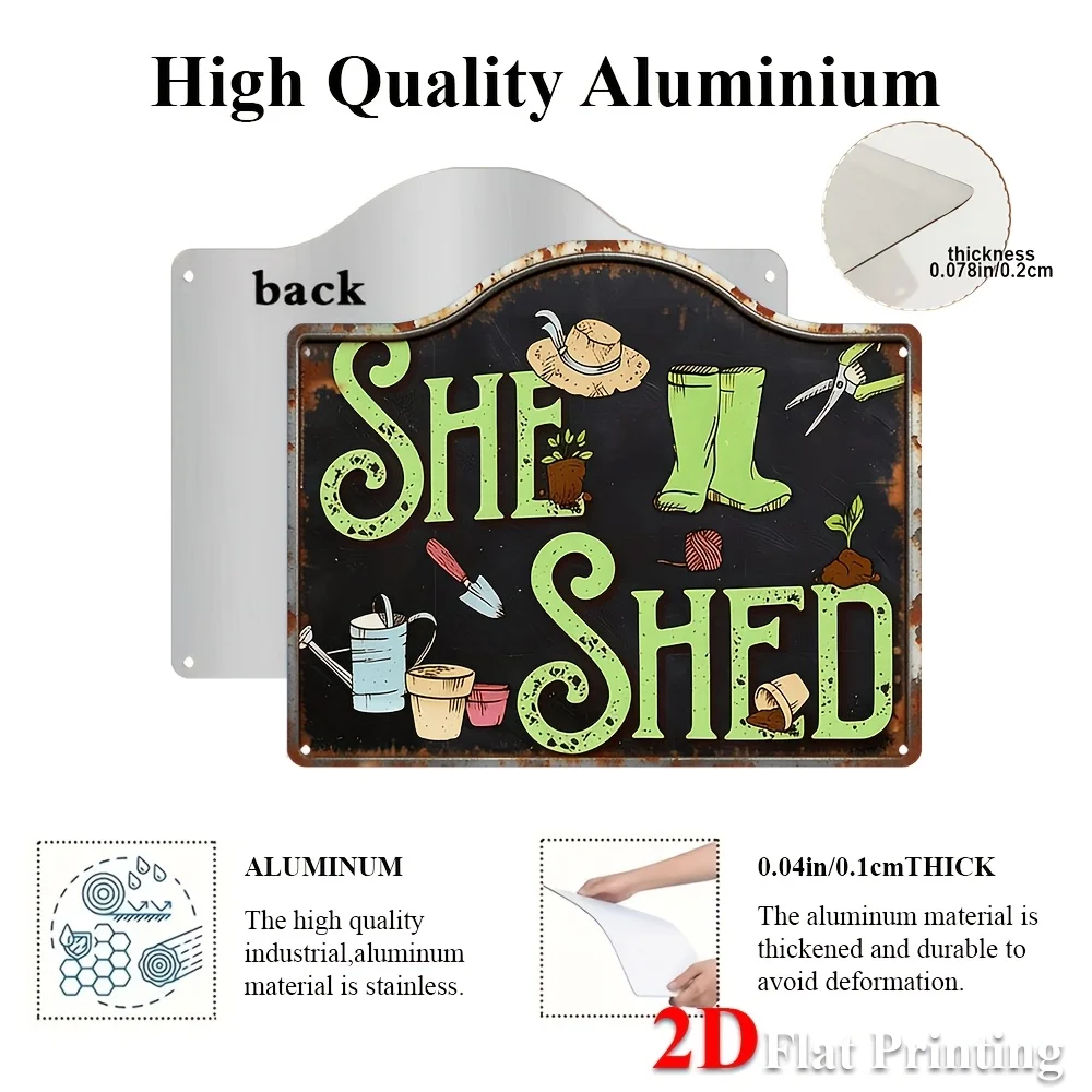 1pc 2D Flat Sign Artwork Showcasing A Vintage Theme With The Phrase 'She'Ll Shed', Featuring Gardening Tools And Additions