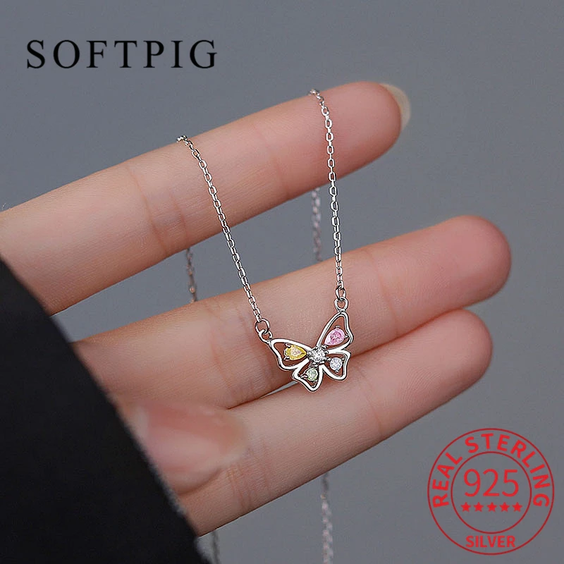 SOFTPIG-gargantilla de Plata de Ley 925 con mariposas de hielo para mujer, collar de circonita, joyería fina clásica, accesorios minimalistas