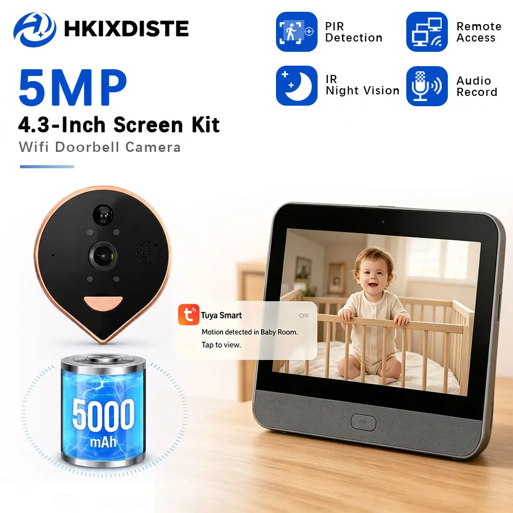 5MP Tuya Smart Peephole Camera 4.3 Inch Display 5000mAh Long Life Battery WiFi PIR Detection Night Vision Apartment Door Monitor