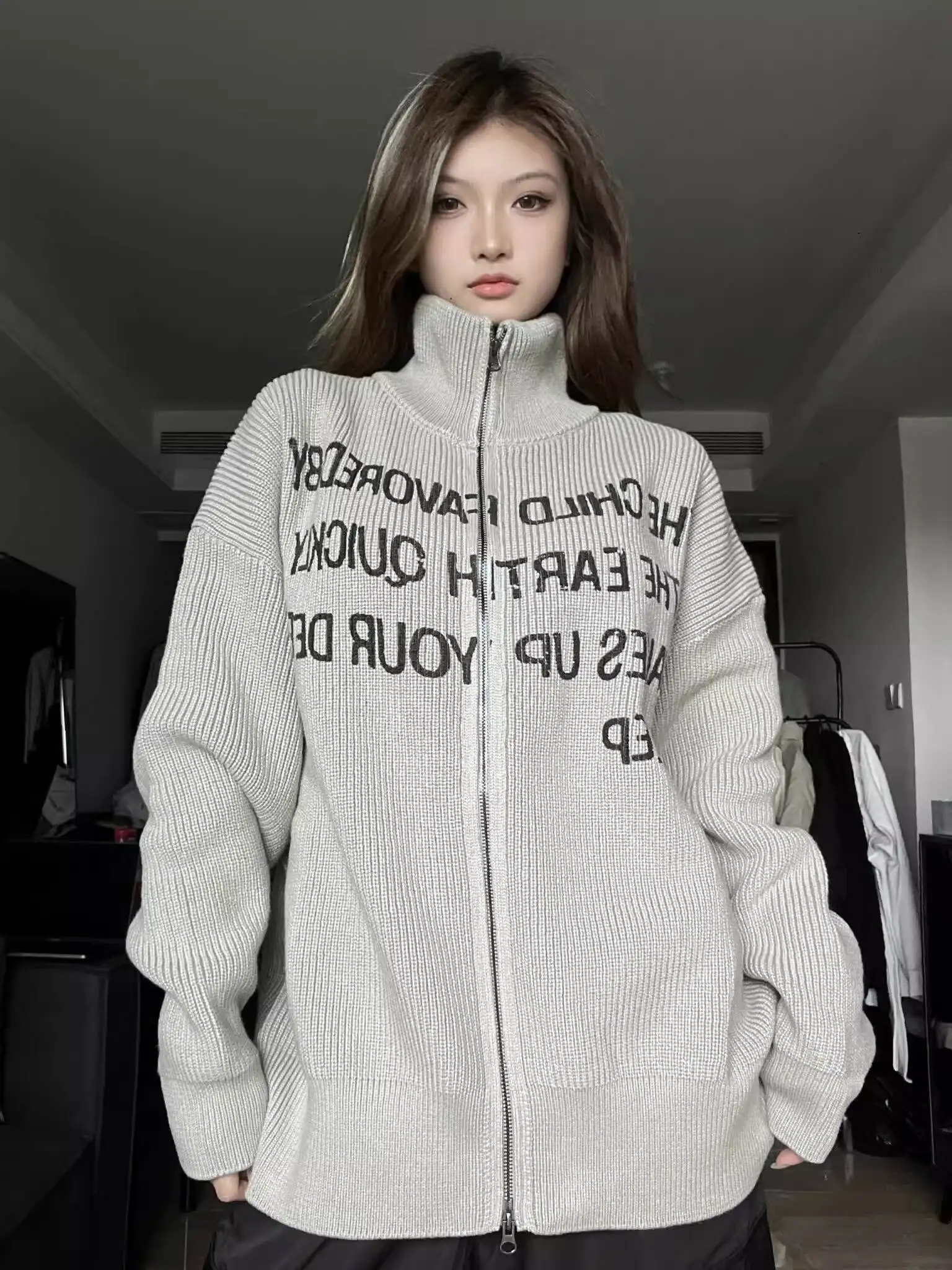 Unisex Knitting Sweater 2025 Autumn Winter Stand Collar Cardigan Printed Long Sleeve Thickened Loose Knit Couple Sweater