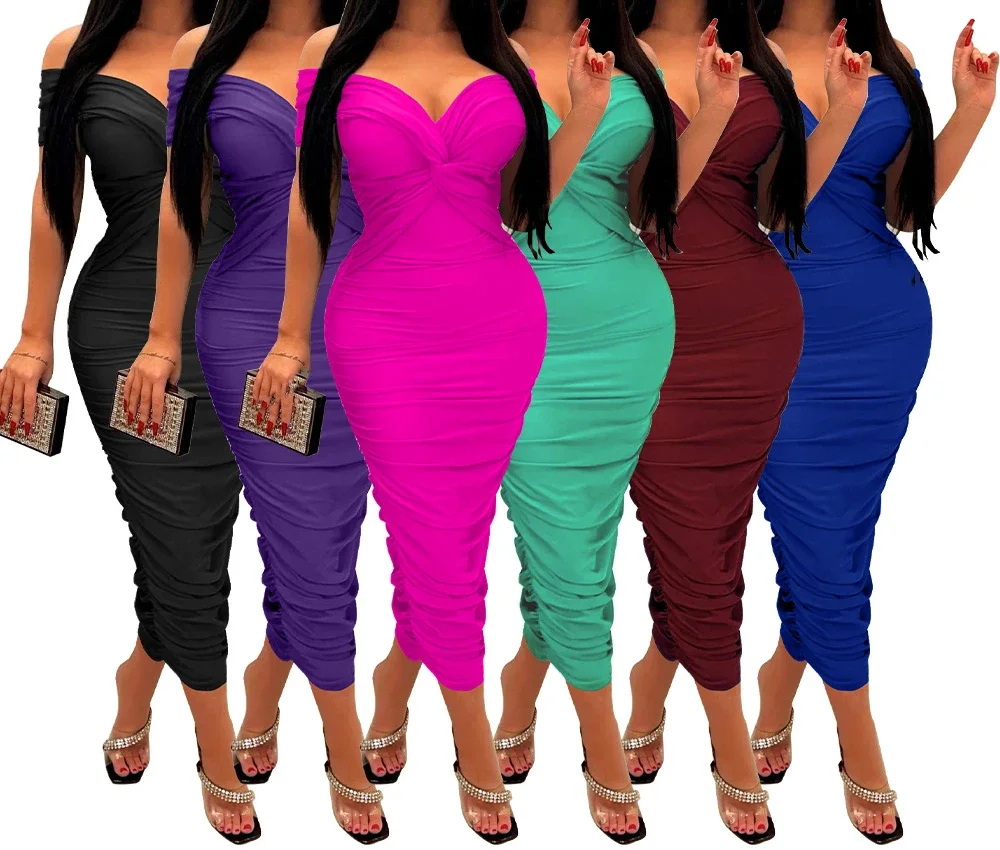 Women Evening Dresses V-neck Pleated Cocktail Elegant Party Dress Off The Shoulder Birthday Formal Prom Dresses Vestido